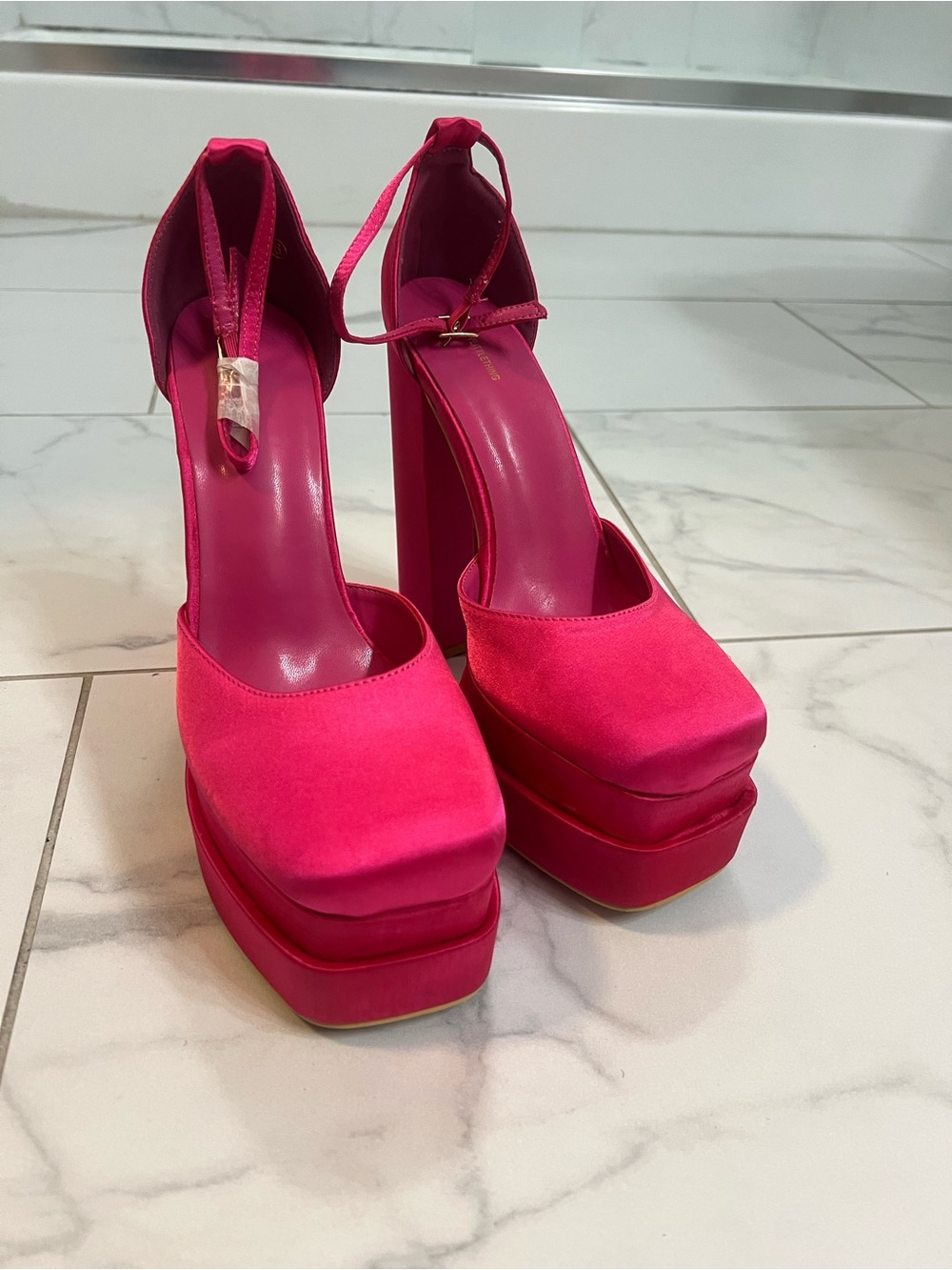 PrettyLittleThing Neon Pink Platform Block Heel Pumps with Ankle Tie